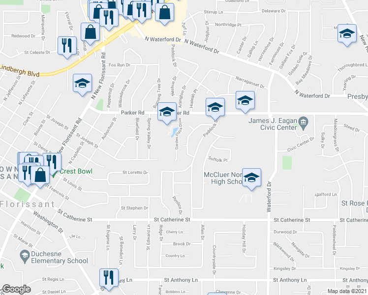 map of restaurants, bars, coffee shops, grocery stores, and more near 1045 Belmont Terrace in Florissant