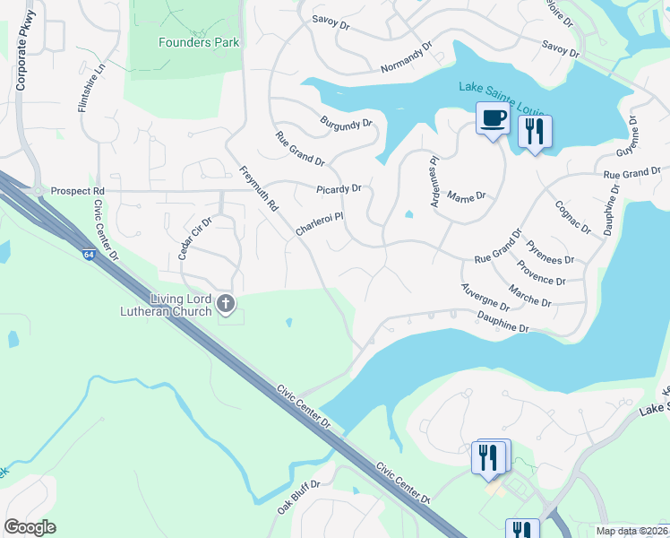 map of restaurants, bars, coffee shops, grocery stores, and more near 12 Nantua Court in Lake Saint Louis