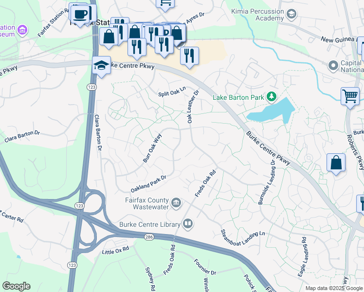 map of restaurants, bars, coffee shops, grocery stores, and more near 5811 Oakland Park Drive in Burke