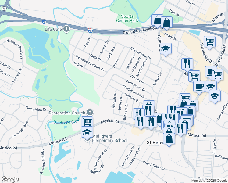 map of restaurants, bars, coffee shops, grocery stores, and more near 2 Hialeah Drive in St. Peters