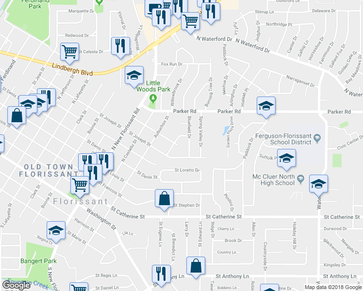 map of restaurants, bars, coffee shops, grocery stores, and more near 1485 Saint Michael Street in Florissant