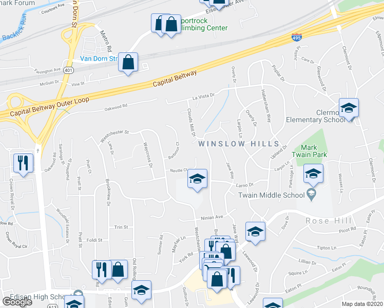 map of restaurants, bars, coffee shops, grocery stores, and more near 5300 Neville Court in Alexandria
