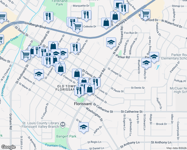 map of restaurants, bars, coffee shops, grocery stores, and more near 1003 Saint Denis Street in Florissant