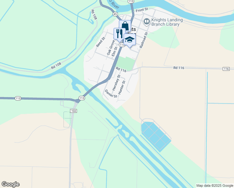 map of restaurants, bars, coffee shops, grocery stores, and more near 9956 Hunter Street in Woodland