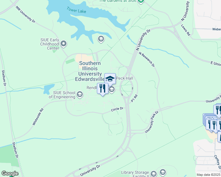 map of restaurants, bars, coffee shops, grocery stores, and more near 125 Peck Service Road in Edwardsville