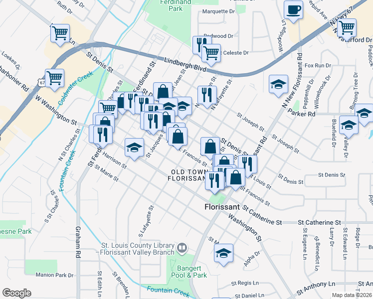 map of restaurants, bars, coffee shops, grocery stores, and more near 701 Saint Francois Street in Florissant