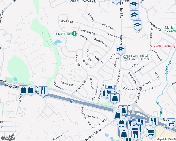 map of restaurants, bars, coffee shops, grocery stores, and more near 3008 Sawyer Boulevard in Saint Charles