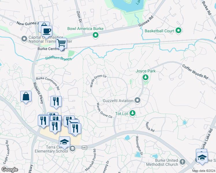map of restaurants, bars, coffee shops, grocery stores, and more near 5830 Apple Wood Lane in Burke