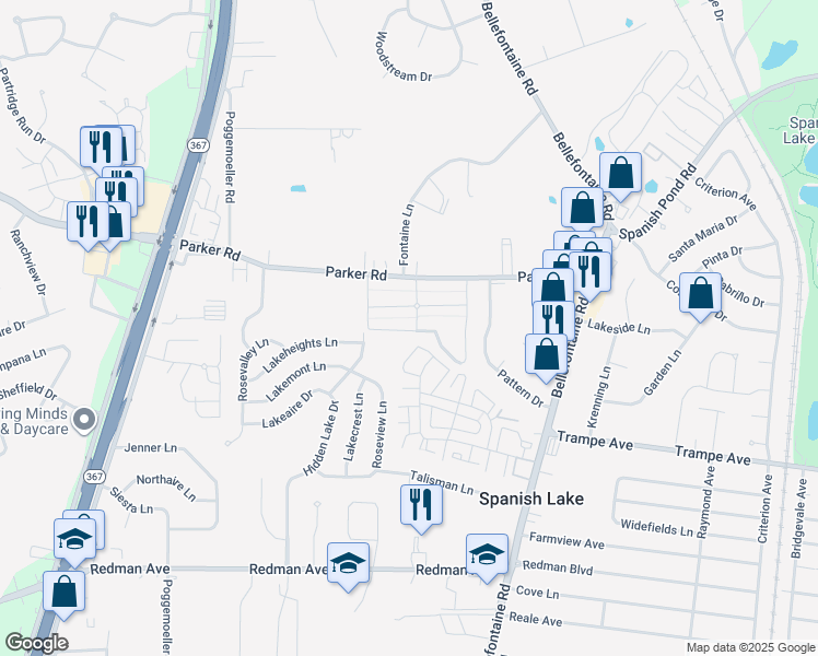 map of restaurants, bars, coffee shops, grocery stores, and more near 1805 San Ricardo Drive in St. Louis
