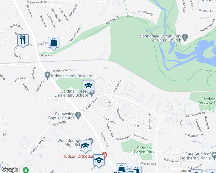 map of restaurants, bars, coffee shops, grocery stores, and more near 5806 Torington Drive in West Springfield