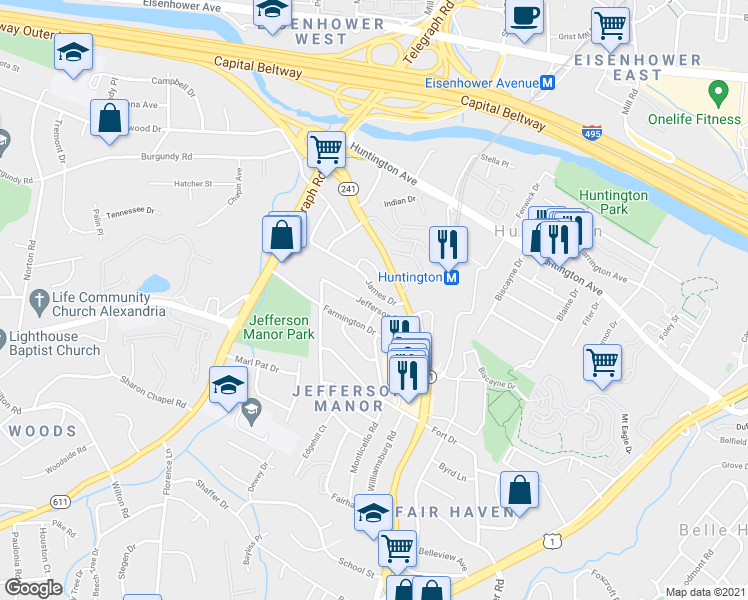 map of restaurants, bars, coffee shops, grocery stores, and more near 2704 Jefferson Drive in Alexandria