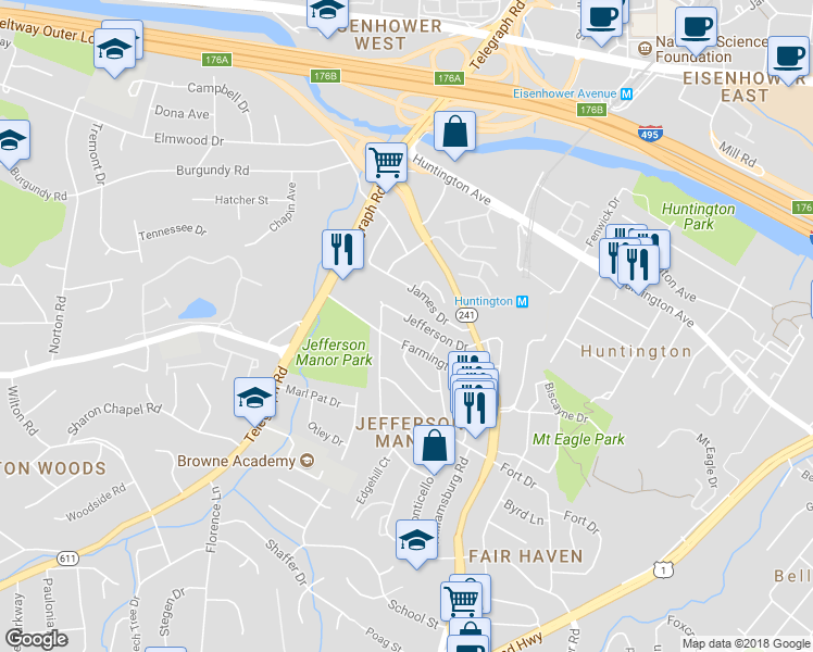 map of restaurants, bars, coffee shops, grocery stores, and more near 2721 Jefferson Drive in Alexandria