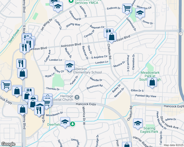 map of restaurants, bars, coffee shops, grocery stores, and more near 4445 Wordsworth Circle North in Colorado Springs