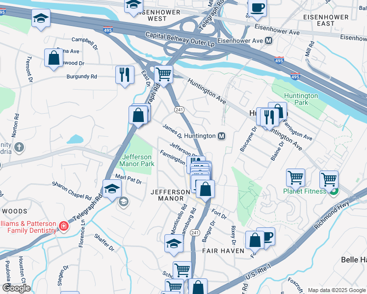 map of restaurants, bars, coffee shops, grocery stores, and more near 2704 Jefferson Drive in Alexandria