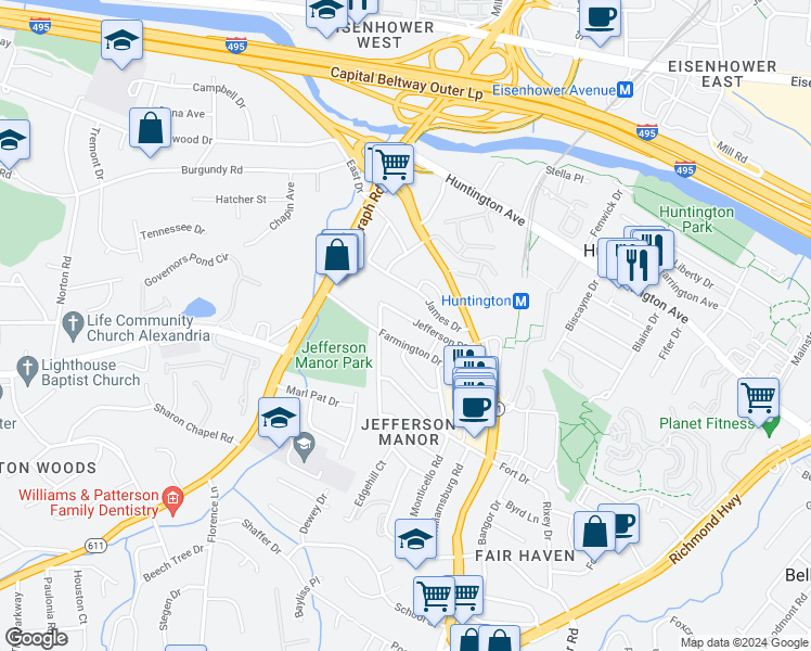 map of restaurants, bars, coffee shops, grocery stores, and more near 2721 Jefferson Drive in Alexandria