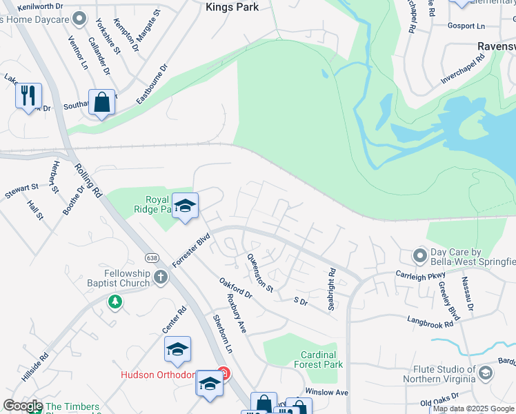 map of restaurants, bars, coffee shops, grocery stores, and more near 5821 Rexford Drive in Springfield
