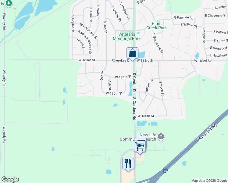 map of restaurants, bars, coffee shops, grocery stores, and more near 29708 West 185th Street in Gardner