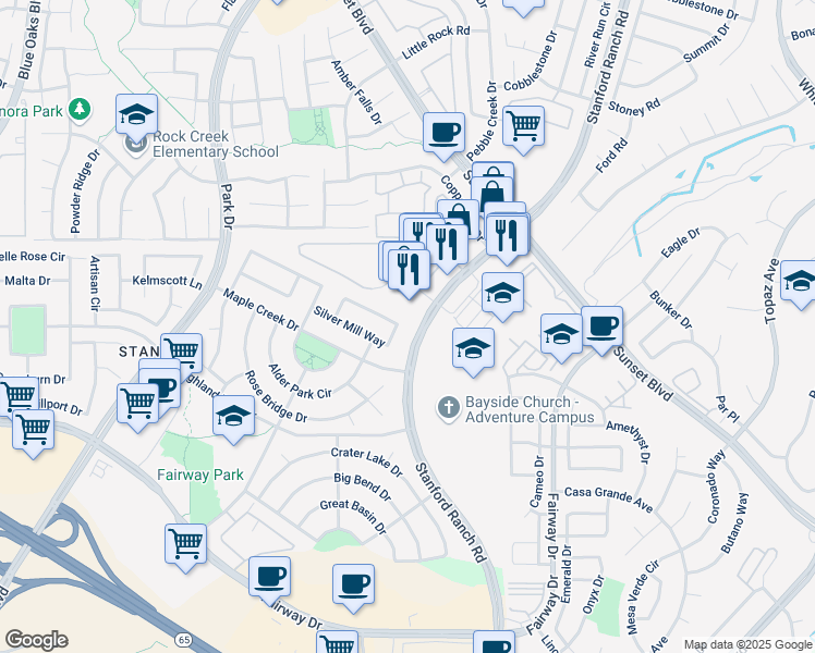 map of restaurants, bars, coffee shops, grocery stores, and more near 6764 Copper Glen Cir in Roseville