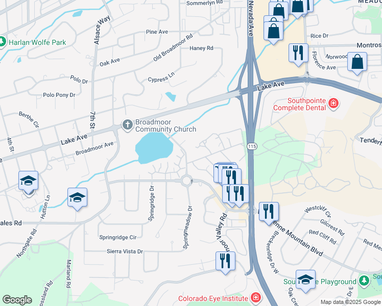 map of restaurants, bars, coffee shops, grocery stores, and more near 102 Miramar Drive in Colorado Springs