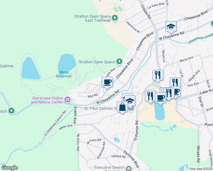 map of restaurants, bars, coffee shops, grocery stores, and more near 1670 Cheyenne Boulevard in Colorado Springs