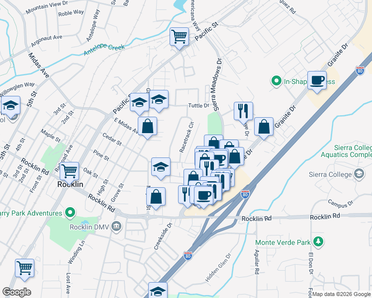 map of restaurants, bars, coffee shops, grocery stores, and more near 4869 Racetrack Circle in Rocklin