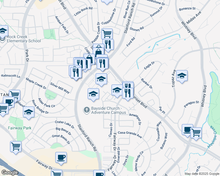 map of restaurants, bars, coffee shops, grocery stores, and more near 2405 Zephyr Cove in Rocklin