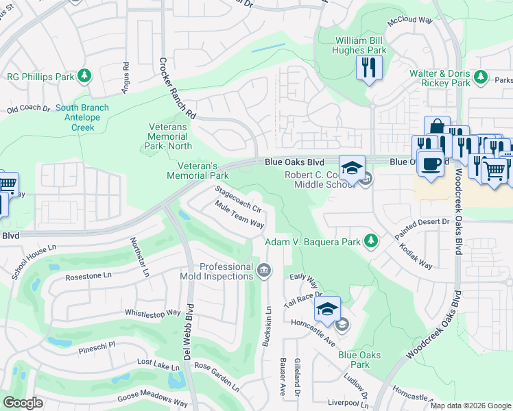 map of restaurants, bars, coffee shops, grocery stores, and more near 7088 Stagecoach Circle in Roseville