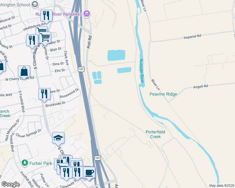 map of restaurants, bars, coffee shops, grocery stores, and more near in Cloverdale
