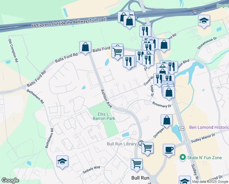 map of restaurants, bars, coffee shops, grocery stores, and more near 7515 Clemson Court in Manassas