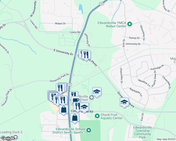 map of restaurants, bars, coffee shops, grocery stores, and more near Mutual Court in Edwardsville