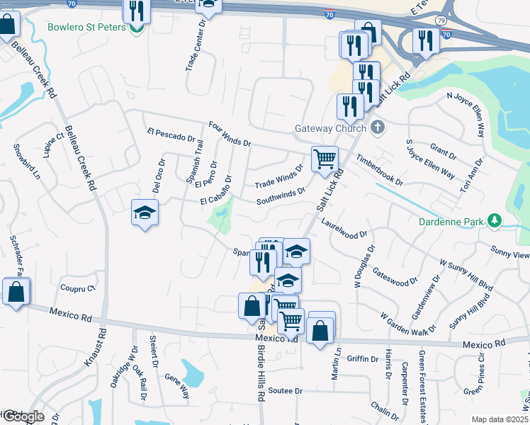 map of restaurants, bars, coffee shops, grocery stores, and more near 656 Summer Winds Lane in St. Peters