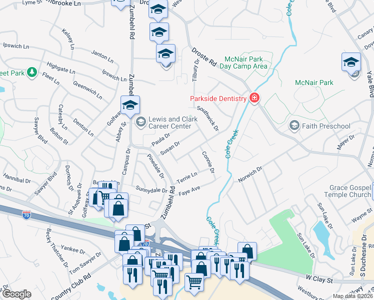 map of restaurants, bars, coffee shops, grocery stores, and more near 75 Ruth Drive in Saint Charles