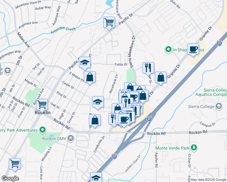 map of restaurants, bars, coffee shops, grocery stores, and more near 4869 Racetrack Circle in Rocklin