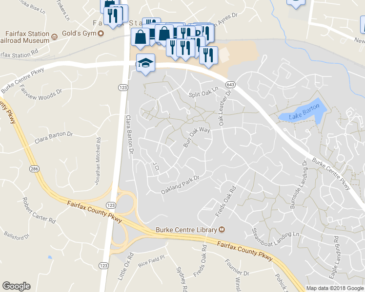 map of restaurants, bars, coffee shops, grocery stores, and more near 10806 Burr Oak Way in Burke