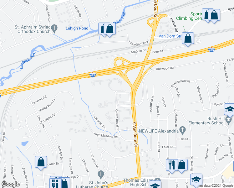 map of restaurants, bars, coffee shops, grocery stores, and more near 5909 Coverdale Way in Alexandria