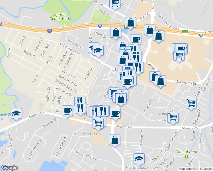map of restaurants, bars, coffee shops, grocery stores, and more near 347 Windsor Place in St. Peters