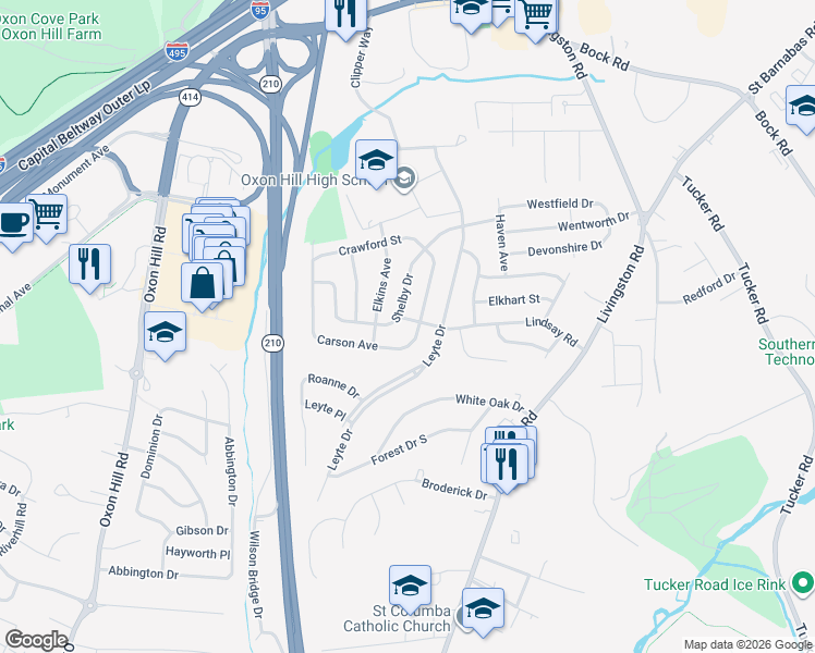 map of restaurants, bars, coffee shops, grocery stores, and more near 903 Lindsay Rd in Oxon Hill