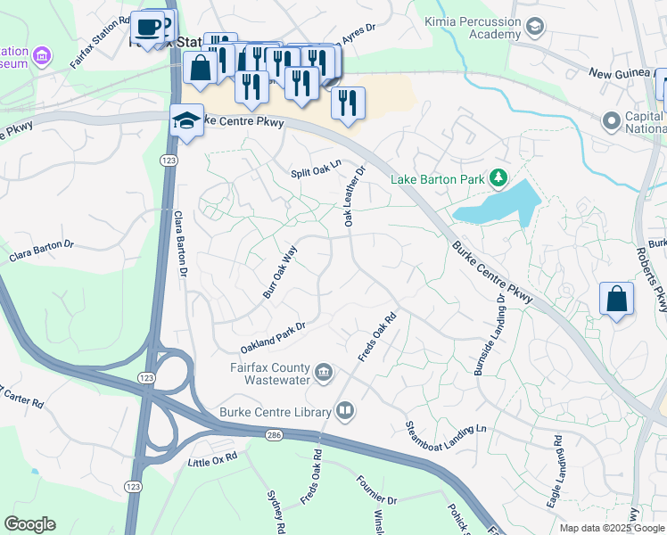 map of restaurants, bars, coffee shops, grocery stores, and more near 5811 Oakland Park Drive in Burke