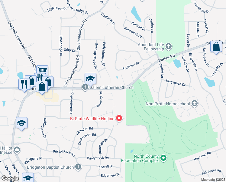 map of restaurants, bars, coffee shops, grocery stores, and more near 5353 South Branridge Road in Florissant