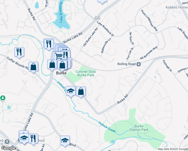 map of restaurants, bars, coffee shops, grocery stores, and more near 9348 Kite Street in Burke