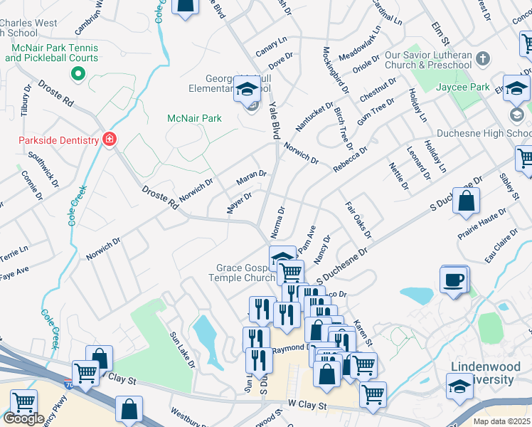map of restaurants, bars, coffee shops, grocery stores, and more near 626 Yale Boulevard in Saint Charles