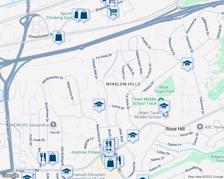 map of restaurants, bars, coffee shops, grocery stores, and more near 5810 Jane Way in Alexandria