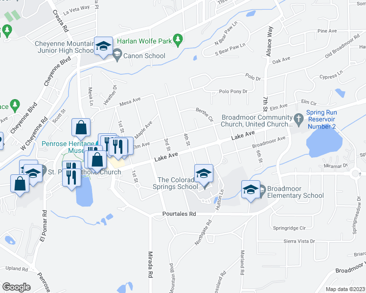 map of restaurants, bars, coffee shops, grocery stores, and more near 16 Lake Avenue in Colorado Springs