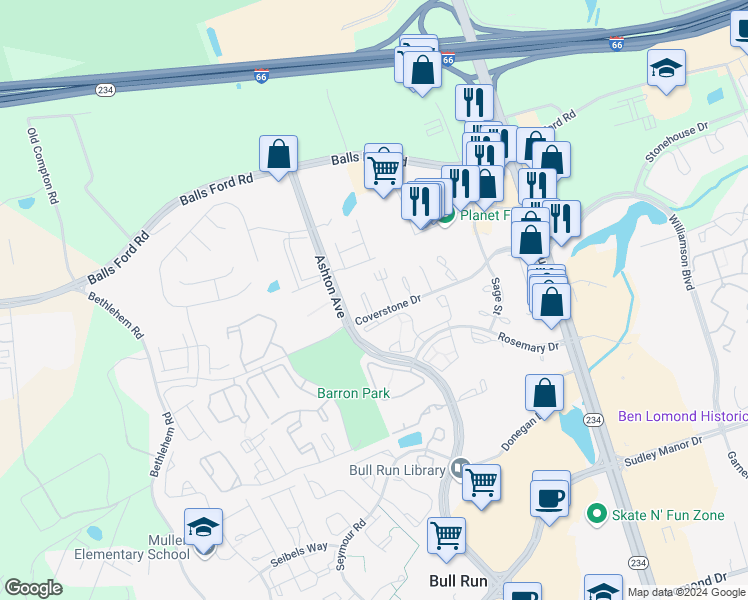 map of restaurants, bars, coffee shops, grocery stores, and more near 7515 Clemson Court in Manassas