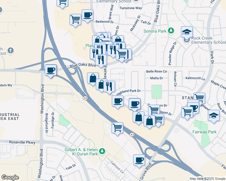map of restaurants, bars, coffee shops, grocery stores, and more near 9124 Cortina Circle in Roseville