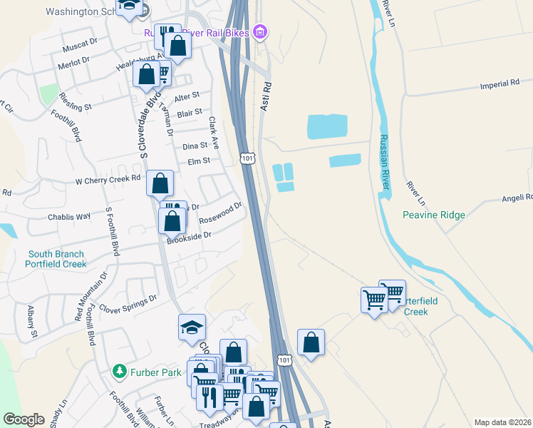 map of restaurants, bars, coffee shops, grocery stores, and more near 2100 Asti Road in Cloverdale