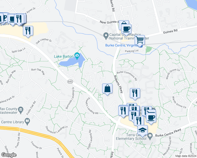 map of restaurants, bars, coffee shops, grocery stores, and more near 5837 Cove Landing Road in Burke