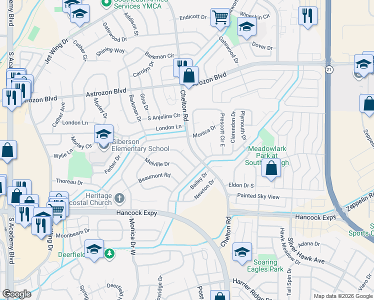 map of restaurants, bars, coffee shops, grocery stores, and more near 4556 Wordsworth Circle North in Colorado Springs