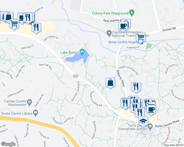 map of restaurants, bars, coffee shops, grocery stores, and more near 5922 Cove Landing Road in Burke