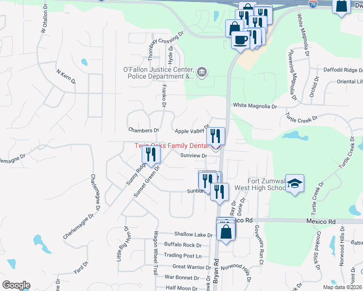 map of restaurants, bars, coffee shops, grocery stores, and more near 105 Amberway Court in O'Fallon